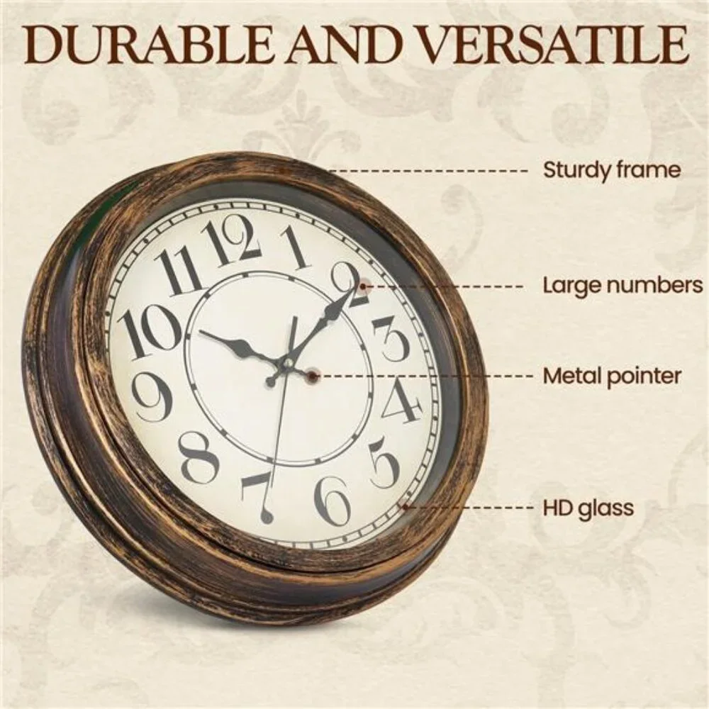 Retro Silent 14 Inch Wall Clock Non Ticking, Rustic Vintage Clock Quartz